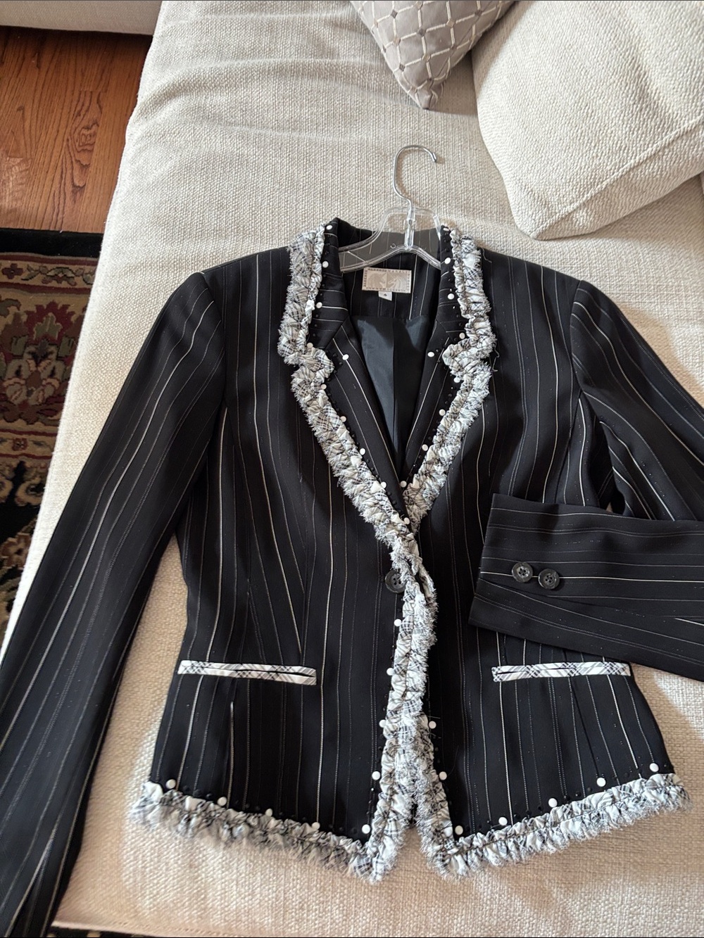 Alberto Makali Black Pinstripe Blazer with Tweed Trim